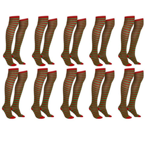 10x Christmas Over The Knee Socks Red Green Xmas Candy Cane Striped Elf Bulk V563-10PCS-CHRISTMAS_SOX