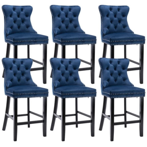 6X Velvet Bar Stools with Studs Trim Wooden Legs Tufted Dining Chairs Kitchen V226-SW1802BL-3