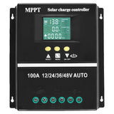 MPPT 36V/48V/24V/12V Solar Charge Controller Tools LCD Dual USB Lead Acid Lithium Batteries Quick V1107-127-61613-BLK-100A