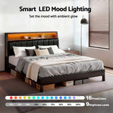 Artiss Double Bed Frame LED Storage Headboard with Charging Station Black BFRAME-H-JINA-D-BK-ABC