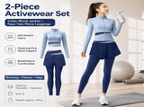 L size Women's 2-Piece Running Yoga Set - Blue Colorblock Zip Jacket and Blue Faux Two-Layer V888-ELOSUNG53848