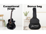 Alpha 38 Inch Acoustic Guitar Wooden Body Steel String Full Size w/ Stand Black GUITAR-D-38-BK-CAPO