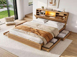 Artiss Double Bed Frame with Storage, 4 Drawers, USB and Night Light Natural WBED-F-TAMBUR-D-WOOD-ABC