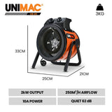 UNIMAC 2kW Industrial Electric Space Fan Heater, Tilt Angle, Fast Heating, 2 Heat Settings, Portable V219-HEACHTUM4XCA
