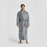 Men's Flannel Bathrobe Grey XXL Size - Soft Coral Fleece Hooded Kimono Collar Dressing Gown Loose V888-ELOSUNG54490