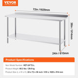 24 x 72 x 36 Inch Stainless Steel Work Table, Commercial Food Prep Worktable Heavy Duty Prep V952-CFBXGGZTLCWJWN757V0