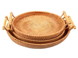 Hand Woven Round Rattan Serving Tray Bread Fruit Dessert Snack Basket with Handles 3 Piece Set V1294-YM0703-3118230027214