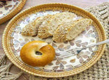 Rattan Tray with Mother of Pearl Inlay Wooden Base, Serving Basket for Breakfast Food, Round Tray as V1366-AZ2-W-19854