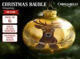 Christabelle Large Gold Glass Baubles 6Pcs with Reindeer Print Balls Christmas Tree Decoration 112_YAN205S6