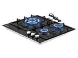 Devanti 59cm Gas Cooktop 3 Burner Knob Control Glass Hob Cast Iron Black CT-GAS-3B-BK