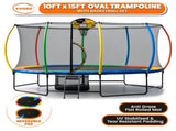 Kahuna 10 ft x 15 ft Oval Outdoor Trampoline w/ Basketball Set Reversible Rainbow & Orange Safe TRA-ZOV-1015-RBOR-BB