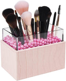 Leather Makeup Brush Cosmetic Organiser Storage Box with Pink Pearls and Acrylic Cover V178-18698