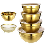 5PCS Golden Bowls, Stainless Steel Salad Bowls with Airtight Lids, Mirror Finish Nested V1369-AZ3-W-08737
