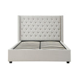 Veronica Bed Frame Queen Size Winged Grey Linen Fabric Seam Grid Pattern with gas lift plywood metal V43-BED-VER-QGR