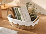 Hand Woven Storage Bask with Scalloped Liner Double Handles Rectangular Straw Organizer Bin for Home V1369-AZ3-W-11187