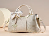 Crane Embroidered Handbag PU leather spliced with gold/silver thread crane pattern, silk scarf bow V1385-CXSTB-WU-1013-008