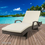 Gardeon Sun Lounge Wicker Lounger Outdoor Furniture Beach Chair Patio Adjustable Cushion Grey&Beige FF-LOUNGE-ARM-GE