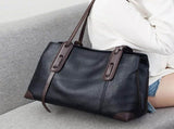 Top-Grain Leather Contrast Tote Large Capacity Commuter Shoulder & Handbag, Fabric Lining. V1232-ZPDJB-002