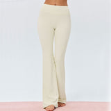 Beige Size L Women's High Waisted Yoga Flare Leggings - V Back Seam Micro Flare Workout Pants with V888-ELOSUNG57305-3