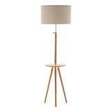 165cm Adjustable Bamboo Tripod Floor Lamp Light with Linen Shade & Built-In Table V563-75132