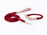 Rose Red Hand-Woven Rainbow Cotton Rope Dog Leash and Collar Set - Adjustable Veg-Tanned Leather V888-ELOSUNG18434