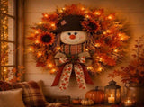 Lighted Scarecrow Fall Wreath for Front Door, Autumn Harvest Sunflower Maple Wreath and Farmhouse V1369-AZ3-W-14992