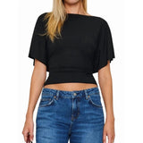 Women'S Wrap Tops Casual Short Sleeve Tie Back Cinched Waist T Shirts Trendy Boat Neck Blouse V1366-AZ2-W-14413