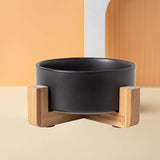 Ceramic Round Dog Cat Bowl with Wood Stand, Durable Ceramic Food Water Elevated Dish for Pet, Modern V1192-AZ-W-15100