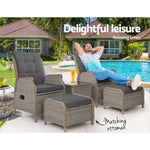 Gardeon 5PC Recliner Chairs Table Sun lounge Wicker Outdoor Furniture Adjustable Grey ODF-RCL-RW-CHOTTB-5GE