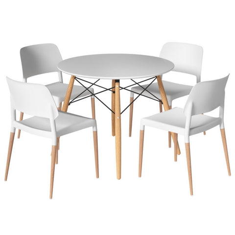 1 Artiss Dining Table and 4 Chairs Set Round White DSET-DSW100-086-WHX4