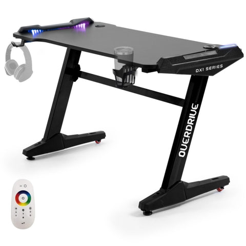 OVERDRIVE Gaming Desk, 120x60cm, Carbon Fiber Styling, LED Lights, Headset Hanger, Cup Holder, Cable V219-OVGDFF10A