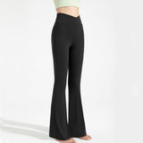 Size S Women's High Waisted Flare Yoga Pants with Side Pockets - Black Crossover Waistband Stretch V888-ELOSUNG57381-1