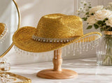 Gold Rhinestone Fringe Cowboy Hat - Sparkling Western Party Hat with Round Gemstone Band and Crystal V888-ELOSUNG57115-2