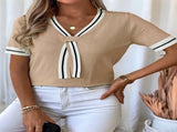 Women's knitted top, summer chic V-neck short sleeved sweater shirt, daily wear, blue M V1366-AZ2-W-14428