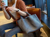 Woven Tote Bag for Women Soft Leather Handbag with Pocket V1263-JX-3499