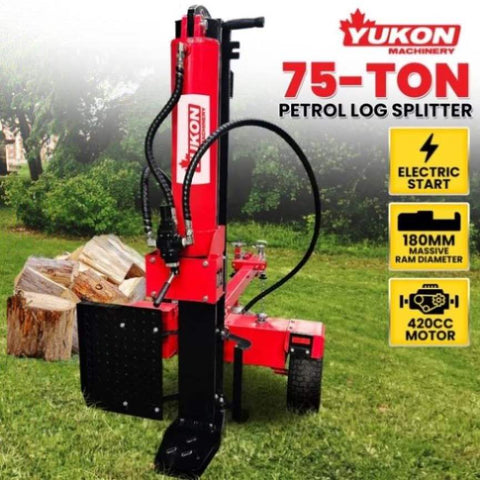 Yukon 75 Tonne Hydraulic Petrol 420cc Log Splitter Electric Key Start Vertical and Horizontal LOG-PTR-TPD-075
