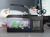 Multifunctional USB Rechargeable Mini Fish Tank Aquarium with Clock Function LED Light Black V1294-YM0727-JY05831-02