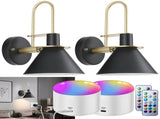 Battery Operated Wall Sconces Set of 2, RGB Wireless LED, Remote, 10000mAh, Black V1263-JX-5789