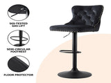Artiss 1x Velvet Bar Stool Adjustable Height Nailhead Trim Kitchen Counter Stool BA-K-1105-BK