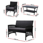 Gardeon 4PCS Outdoor Sofa Set Wicker Harp Chair Table Garden Furniture Black ODF-RATTAN-HARP-BK-AB