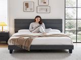 Artiss King Bed Frame Upholstered Platform Base with Geometric Headboard Charcoal Grey Linen Wood BFRAME-H-HUSH-K-CA-ABC