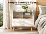 Artiss Bedside Table 2 Drawers Charging Station White and Pine FUR-S-BS-05-WH