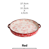 ceramic serving plate, double handled baking dish, pizza pan, cherry blossom pattern, underglaze V1106-122-66396-RED-8-8INCH