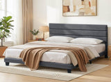 Artiss King Bed Frame Upholstered Platform Base with Geometric Headboard Charcoal Grey Linen Wood BFRAME-H-HUSH-K-CA-ABC