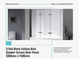 3 Fold Black Folding Bath Shower Screen Door Panel 1300mm x 1400mm V63-831511