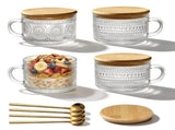4 Packs Vintage Coffee, 14oz Embossed Glass Cups, Overnight Oats Containers with Lids, Vintage V1366-AZ2-W-18177