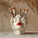 Sculpted Hands Vanity Brush Holder "Goddess Embrace" Resin Organizer with Red Lips Accent/1 Piece V1106-HZSZSNH001