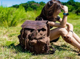 Retro Waxed Canvas Backpack, Crazy Horse Leather Large Capacity, Waterproof Outdoor Travel, V1232-FBSJB-003