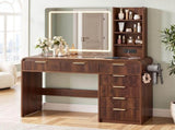 Artiss Dressing Table Vanity Desk LED Lighted Mirror Glass Top 7 Fluted Drawers 120CM Walnut FUR-AG-DRESS02N-WAL-AB