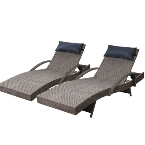 Gardeon 2x Sun Lounge Wicker Lounger Outdoor Furniture Beach Armchair Adjustable Grey&Beige FF-LOUNGE-ARM-P-GEX2